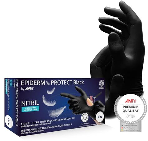 AMPri Nitrilhandschuhe, Low Derma, schwarz, 100 Stück/Box, Größe L, puderfrei, Epiderm Protect Black by Med-Comfort: Nitril Einmalhandschuhe, Einweghandschuhe in den Größen XS, S, M, L, XL