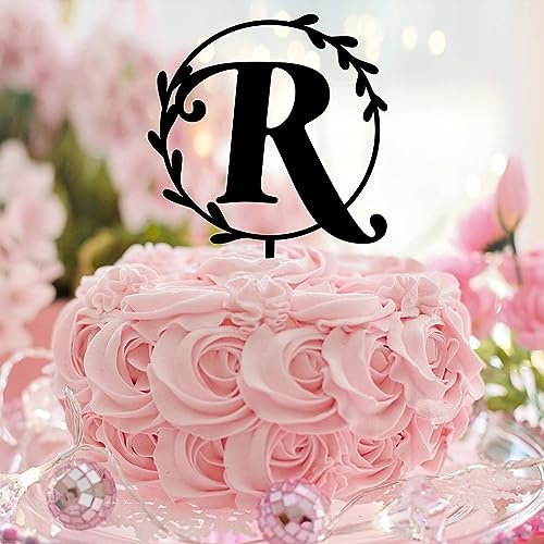 Initial Letter R Cake Cupcake Toppers Geometric Rustic Flowers Birthday Cake Topper for Wedding Birthday Decoration Supplies Novelty Unique Elegant Alphanumeric Personalized Monogram Acrylic Black