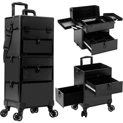 AROUS Rolling Makeup Case with 3 Drawers, Cosmetology Case on Wheels 5 IN 1 Makeup Train Case Make Up Organizer for Artist Salon Nail Teach Trunk,Black