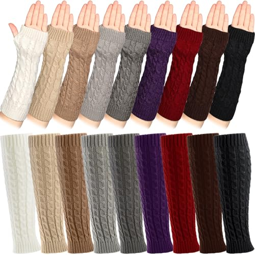 Therwen 18 Paar gestrickte Beinstulpen und Armstulpen Set für Frauen Winter Ärmel fingerlose Daumenloch Handschuhe Fäustlinge, Klassische Farbe, Medium