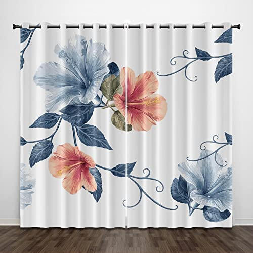 Vorhang Blickdicht Schlaufenschal Rosa Blaue Pflanzenblume 2 Stücke 183 (B) X 214 (H) cm Verdunkelungsvorhang Schlaufen Gardinen Für Wohnzimmer Schlafzimmer Kinderzimmer Verdunklungsvorhänge