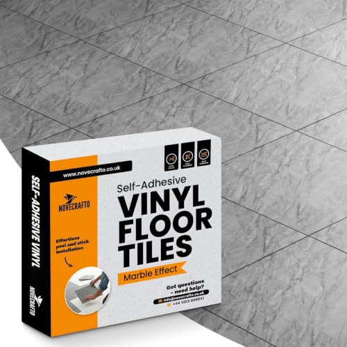 Vinyl Floor Tiles Self Adhesive - 60 Pack To Cover 60 sqf (5.57 sqm) | Each Sticker Tile Size 12x12In (30.5 x 30.5cm) - Peel and Stick Vinyl Floor Tiles | Grey Marble Effect