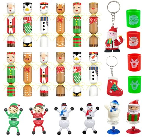 WanderGo 12-Pack Christmas Crackers with Toys & Jokes - Santa, Snowman & Reindeer Theme for Holiday Parties, Family Dinner, Kids Gifts & Festive Decor