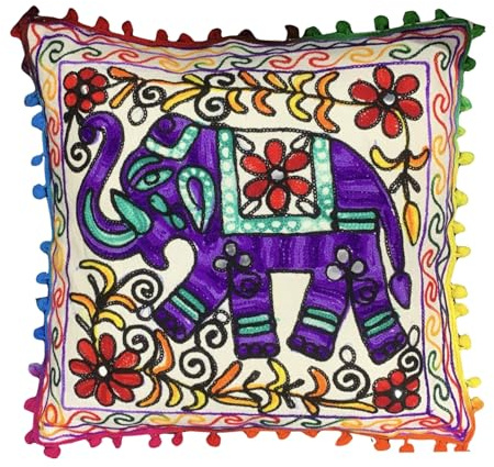 Original Kikan Floral Suzani Elephant Cushion Cover with Pom Poms Indian Cotton Embroidered Vegan Freiendly (16 x16 inches) 40 x 40 cms