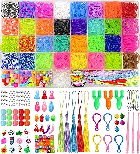 LINRYU 2500+ Elastique Bracelet Kit, 32 Couleurs Bricolage Élastique Loom Bands Kit avec Boîte, Pendentifs, Perles Convient Fabriquer Activites Manuelles pour Enfants,Cadeau pour garçons et filles