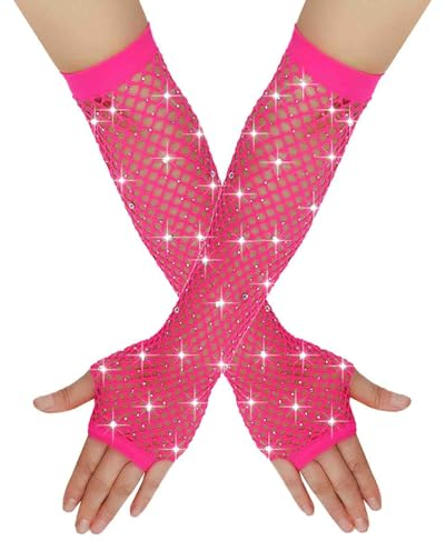 Damen Netzhandschuhe Glänzende Fingerlose Handschuhe Lange Fischnetz Armstulpen Mesh Handschuhe Karneval Party Kostümzubehör Opernhandschuhe Abendhandschuhe Glitzer Handschuhe (Hot Pink, One Size)