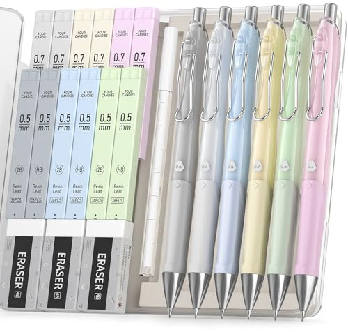 Four Candies Porte-mines Pastel 6PCS 0.5 & 0.7 mm Cute Mechanical Pencils with 12 Tubes HB 2B Lead Refills, 3 Erasers, 9 Eraser Refills, Metal Clip For School Drawing Sketching 6 Colors