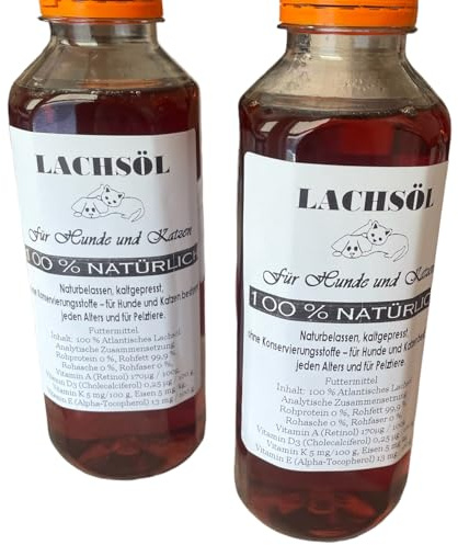 Lucze Huile de saumon pour chien 500 ml – Omega 3-6-9-100 % naturelle – Complément alimentaire pour chien et chat – Huile de poisson – Friandises pour chien de qualité supérieure