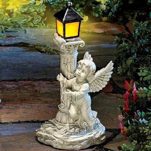 Syfunlv Fairy ängelfigur, solar romersk kolonn, vattentät trädgårdsdekoration av harts gåvor, romersk pelarstativ, ängel patio-statyer 13 × 9 × 19,5 cm, trädgårdsdekoration sol, för utomhus hus, gård