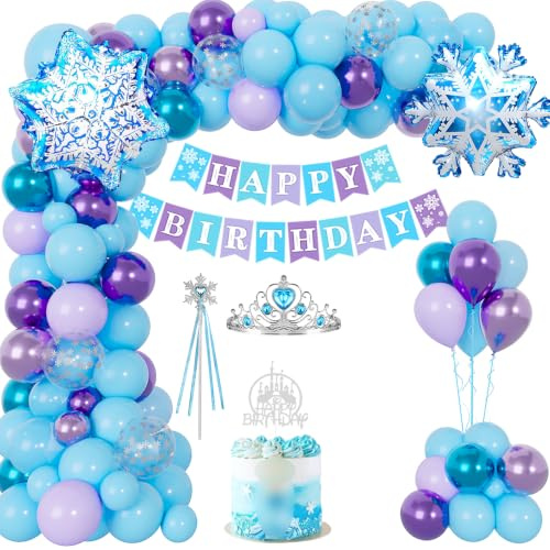 Geburtstagsdeko Mädchen Blau Lila Set, Prinzessin Geburtstag Party Deko | Deko Kindergeburtstag mit Luftballons Tiara Krone Zauberstab Cake Topper Happy Birthday Girlande Krone Ballon für Partydeko