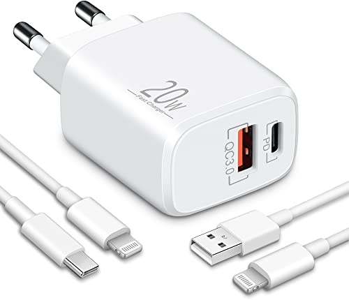 2-Port Rapide Chargeur pour iPhone 14/13/12/11/Pro/Max/Plus/Mini, SE/XR/XS/X/8/7/6, 20W PD/QC Prise Secteur Alimentation USB A et USB C Rapido Chargeur Mural Adaptateur et 2Pack 2m Câble