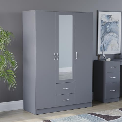 Vida Designs Riano 3 Door Mirrored Wardrobe | Grey | Bedroom Furniture | 170H x 115.4W x 53D cm | with Shelf & Hanging Rail | Large Capacity Storage