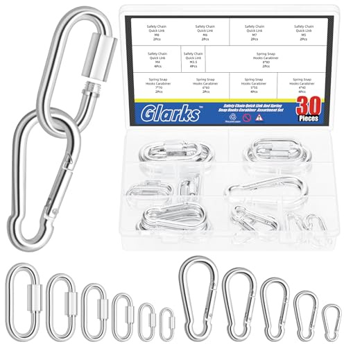 Glarks 30pcs 2 Styles M3.5/4/5/6/7/8 Quick Link Chain Connector and Spring Snap Hooks Carabiner Set, 16pcs D Shape Locking Carabiner and 14pcs Spring Carabiner Clips for Camping, Riging