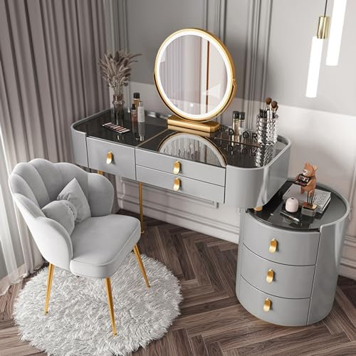 Beleuchteter Schminktisch mit Glasplatte und Schubladen, Make-up-Tisch-Set mit Beistellschrank, Schminktisch mit 3 Beleuchtungsfarben, Spiegelgrau, 100 cm