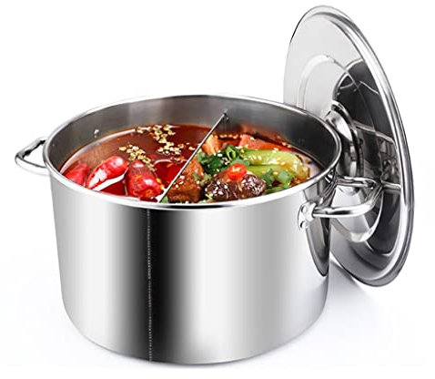Olla de sopa de acero inoxidable con tapa y olla caliente de 20 L, olla de doble sabor con fondo compuesto grueso, olla de cocción lenta para cocinar 50 x 25 cm