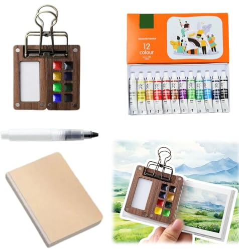 Umllpet Mini Aquarell-Set, Portable Aquarell Skizzenbuch, 8 Grids Mini Holz Reise Malpalette Malkasten, Skizzenbuch Palette Set für Maler, Künstler, Studenten