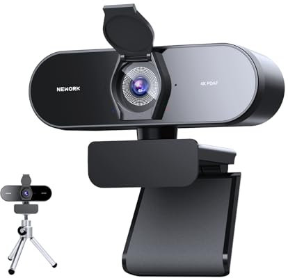 NEWORK 4K Webcam Mit PDAF & CDAF Dual-Autofokus, Ultra HD 4K, 2 Rauschunterdrückungs-Mikrofone, Automatische Lichtkorrektur, USB-A, Privatsphäre-Abdeckung, Streaming Für PC/Mac/Laptop