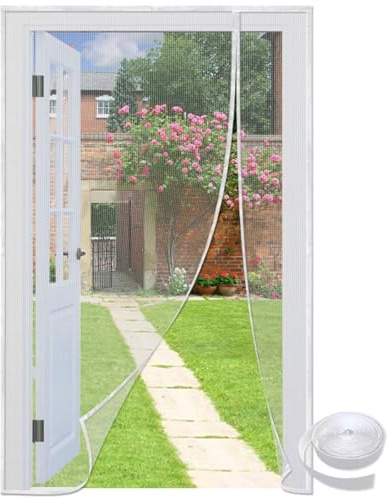 Moustiquaire Porte Fenetre Aimantée Magnetique 195x200cm Blanc Moustiquaire Baie Vitree Coulissante, Magnétique Moustique Sans Perçage