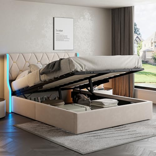 Julyue Letto Matrimoniale 140x190 cm, letto una piazza e mezza contenitore con LED, Letti Idraulico con rete a doghe, Velluto, senza materasso (Beige, 140x190 cm)