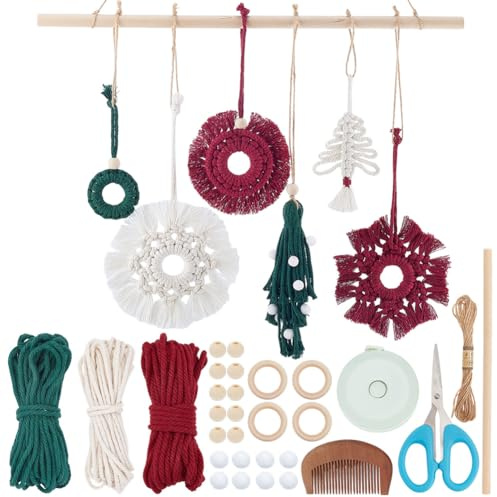 FREEBLOSS DIY Makramee Weihnachtsschmuck Wandbehang Weihnachtsquasten Wandbehang Wandteppich Mit Holzstab Makramee Set Für Anfänger