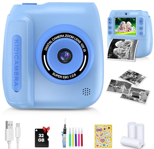 FZIFZI Appareil Photo Enfant Instantané, Appareil Photo Numérique 2.4 Écran avec Papier d'impression et Carte 32GB, Caméra Video et Selfie, Jouet Cadeau pour Filles Garçons Enfant de 3-14 Ans, Bleu