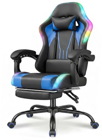 Devoko LED Gaming Stuhl – Ergonomischer Bürostuhl mit Massagefunktion & Teleskop-Fußstütze, Verstellbare Rückenlehne (90-135°), für Gamer bis 150 kg, Augenschonendes Design,Blau