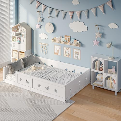 Yeutre Lit au Sol Bébé 140x200 cm, Lit Double Enfant en Bois avec Barrière de Sécurité et Sommier à Lattes, Cadre de Lits Montessori pour Garçons et Filles, Enfants et Bébés, Facile à Assembler