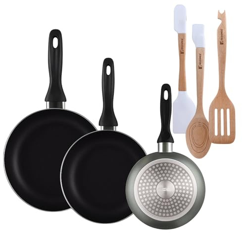Well Home Set de 3 Sartenes Ø16Ø20Ø24cm de Aluminio prensado en Gris metalizado+Juego de 3 Utensilios de cocina en silicona y madera