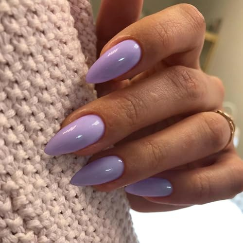 KQueenest Light Purple Press on Nails Almond Shape, Lilac False Nails Medium Almond, Glossy Solid Color Stiletto Fake Nail Set, Natural Reusable Stick on Nail for Women Daily Wear 24 Pcs