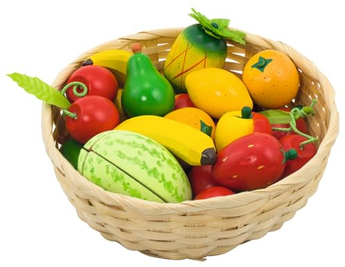 goki 51661 Obst- und Gemüse-Set, Holz, 23-teilig, im Holzkorb, Ø 21 cm, Spiellebensmittel für Kaufladen & Kinderküche ab 3 Jahren