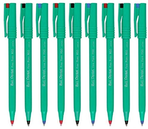 Pentel R50 Tintenroller, feine 0,8 mm gepolsterte Spitze, 0,4 mm Strichbreite, 77 % recycelt, 3 Stück je Farbe – Schwarz, Blau, Rot, 9 Stifte