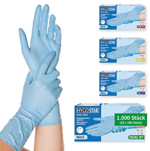 FRANZ MENSCH 1000 Stück Nitrilhandschuhe, XL, blau, puderfrei | Safe Long, reißfest, latexfrei, Einweghandschuhe, Einmalhandschuhe, Gummihandschuhe, Handschuhe Einweg, extra langer Schaft