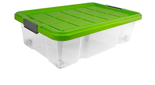 Unimet UNTERBETTBOX mit Deckel und Rädern 60X40X18 cm drehstapelbar 28 Liter transparent Limegrüner Deckel