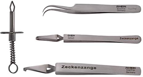 Rhein Instrumente Zeckenzange-Zeckenzangen Set 4-teilig- für Hund und Katze-Verschiedene Pinzetten zum Entfernen von Zecken-schmale und breite Pinzetten/Zangen-rostfreier Edelstahl
