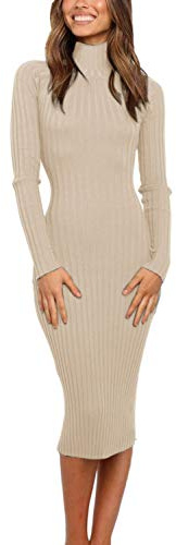 MEROKEETY Women's Long Sleeve Sweater Dress 2025 High Neck Slim Fit Ribbed Knit Midi Winter Dresses,Khaki,L