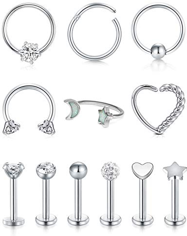 Rajnard Tragus Helix Ohrringe - 12 pcs Silber 16G Chirurgenstahl Piercing Set