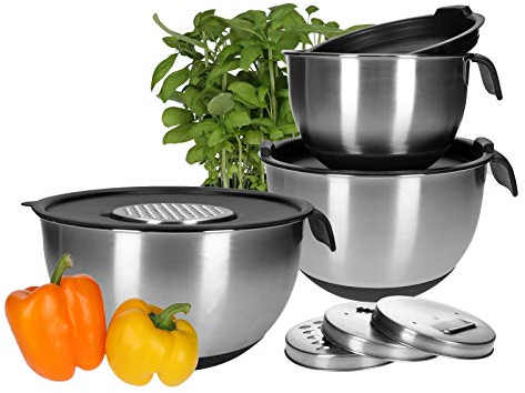TP Schüssel-Set aus Edelstahl, 11-teilig, Anti-Rutsch Rührschüsseln mit Deckel, Griff, Messbecher und Ausguss, inkl. Zubehör, Spitz-Schutz für Teig, Gemüse-Hobel zum Reiben von Salat, stapelbar