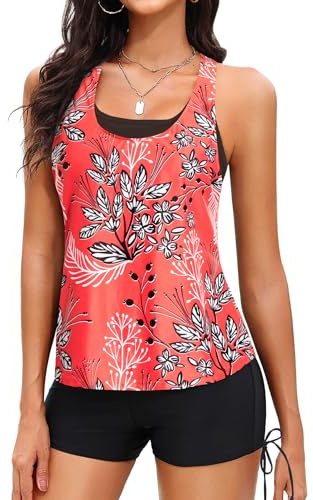 Yonique 3-teiliger Damen-Tankini-Badeanzug mit Shorts, athletische Badeanzüge, Tanktops mit BH und Boyshorts, Batik, Large