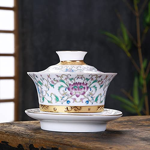 DUNGS Set di Ciotole per Tazze in Porcellana Gaiwan Argento Fatto a Mano Fiore di peonia Zuppiera in Ceramica di Loto Set da tè Kungfu Set da tè per Tazza Gaiwan Coperchio per piattino
