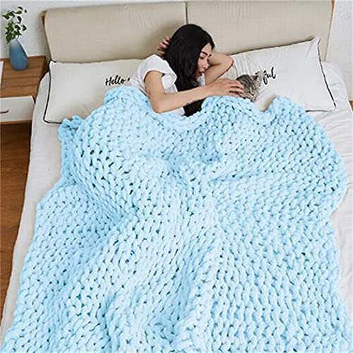 RAILONCH Strickdecke,Grob Gestrickte Wolldecke Stricken Handgewebte Chenille Grobstrick Überwurf Decke für Haustier Bett Stuhl Sofa Tagesdecke Strick (Hellblau,50x50cm)