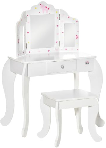 HOMCOM Tocador Infantil de Madera con Taburete y Espejo Acrílico de 3 Sectores Mesa de Maquillaje para Niñas con Cajón para Habitación del Niño 63x40x85,5 cm Rosa