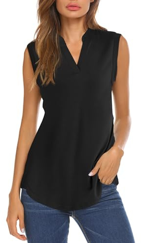 Halife Women's Stand Collar Tunic Sleeveless Loose Fashion Summer Work Tops Blouse C-Black M