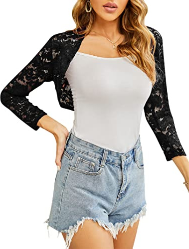 KOJOOIN Elegante Coprispalle in Pizzo Bolero da Donna Cardigan Corto Festivo Cardigan Shrug Maniche Corta/Lungo per Abito da Cocktail da Sposa nero2 S