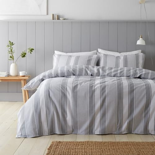Bianca Brushed Cotton Ticking Stripe Reversible King Duvet Cover Set with Pillowcases Grey