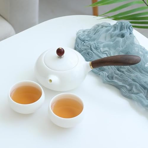 Suet Jade Service à thé en porcelaine blanche Théière à la main Ensemble de tasses à thé Cérémonie du thé chinois Cadeau Théière en céramique avec manche en bois