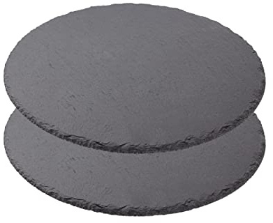 Plato Llano de Pizarra Natural, Fuentes de Cocina, Platos para Sushi, Plato de Pizarra, Bandejas para Servir Alimentos Quesos, Tapas Sushi, Negro, Tablas de Piedra Redonda 28 cm - 2 Unidades
