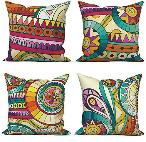 ASDCXZ Örngott boho 50 x 50 cm, set om 4, retro geometriskt blommönster röd soffa dekorativa kuddar örngott tvättbar polyester lin textil utomhus stoppning örngott