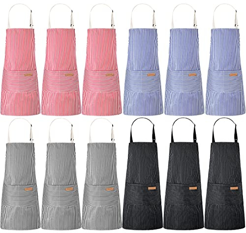 Handepo 12 Pcs Cotton Aprons for Women Men with Pockets Soft Adjustable Bib Stripe Aprons for Cooking Kitchen Chef(4 Colors,Thin Stripes)