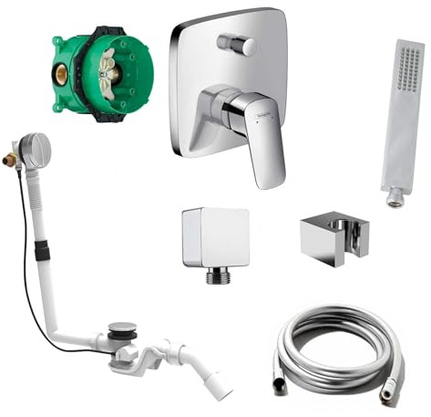 vanvilla Wannenset Unterputz mit Wannenarmatur Hansgrohe poliert HG53. V2 | Wannenarmatur von Hansgrohe Logis Einhebelmischer, Sanit Wanneneinlauf und vanvilla Handbrause eckig, Wannen-SET poliert