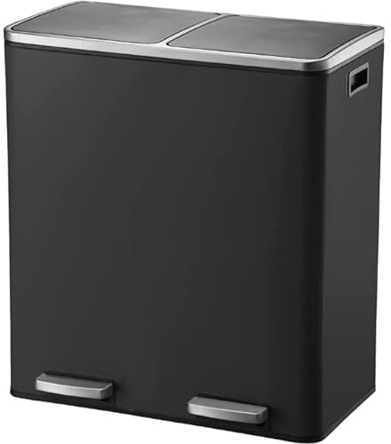 EVRE 60 L Kitchen Waste Rubbish Recycling Soft Close Bin 2 x 30 Litre Double Compartment Separation with Removable Plastic Buckets, Odour Seal, Smudge & Fingerprint Resistant (Black)